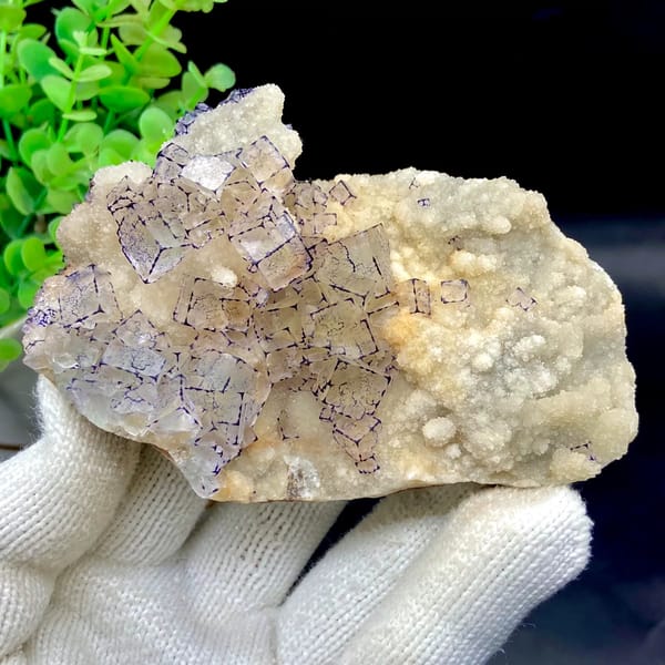 Pale fluorite cubes outlined in purple on white quartz from Guizhou, China, second angle