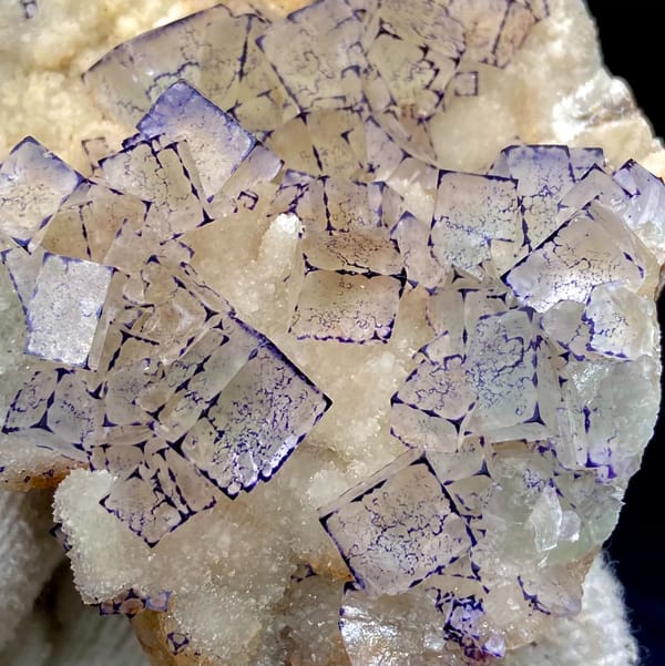 Pale fluorite cubes outlined in purple on white quartz from Guizhou, China, top view