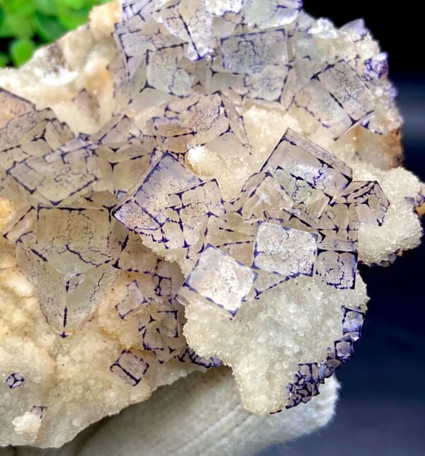 Pale fluorite cubes outlined in purple on white quartz from Guizhou, China, detail of the matrix contact
