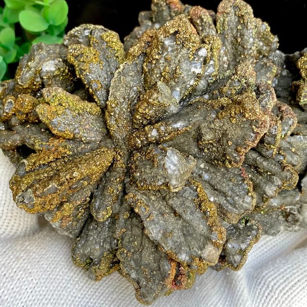 Plate of petal calcite coated in iridescent pyrite from Hubei, China, second angle
