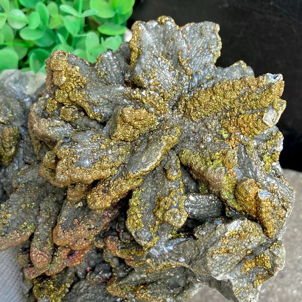 Plate of petal calcite coated in iridescent pyrite from Hubei, China, close-up of the crystal faces