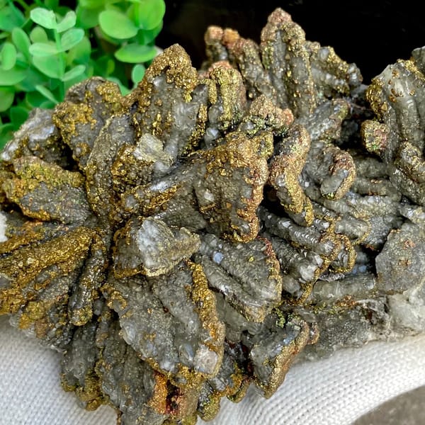 Plate of petal calcite coated in iridescent pyrite from Hubei, China, reverse side