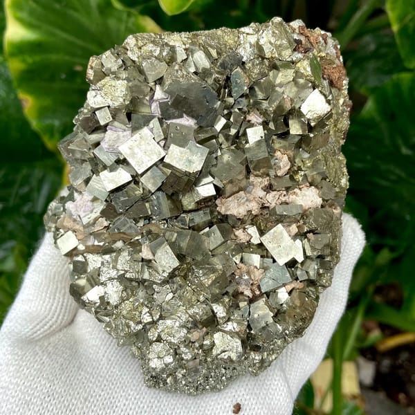 Dome of sharp brassy pyrite cubes from Shangbao, Hunan, China, side view