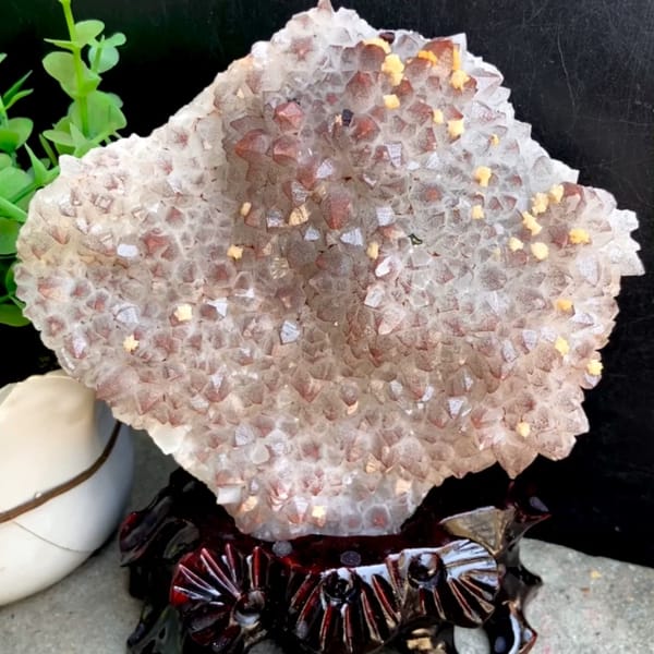 Red-skinned quartz fan with dolomite on carved stand from Jiangxi, China