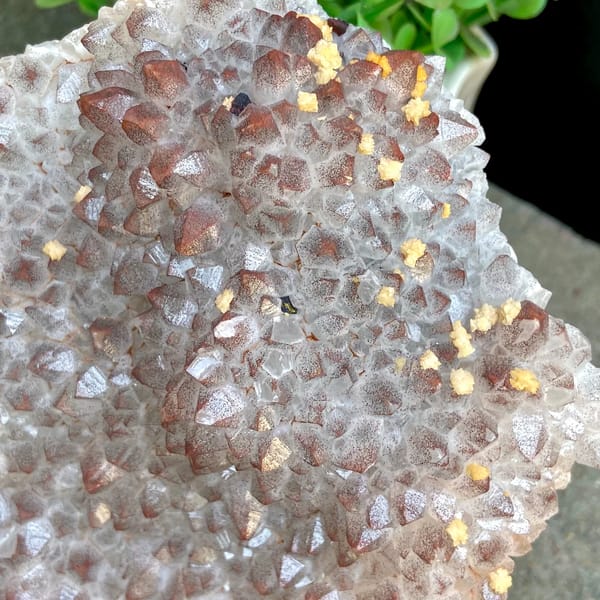 Red-skinned quartz fan with dolomite on carved stand from Jiangxi, China, reverse side