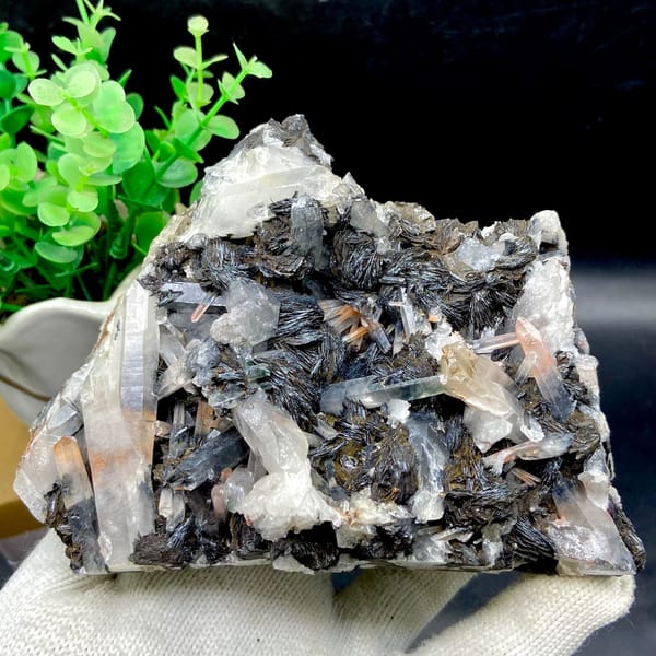 Plate of black specular hematite with quartz prisms from Guangdong, China, overall view