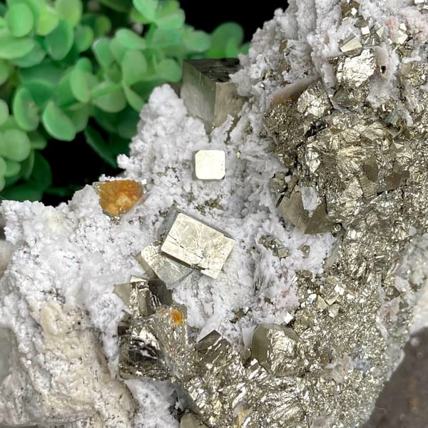 Pyrite cluster set in white matrix from Shangbao, Hunan, China, top view