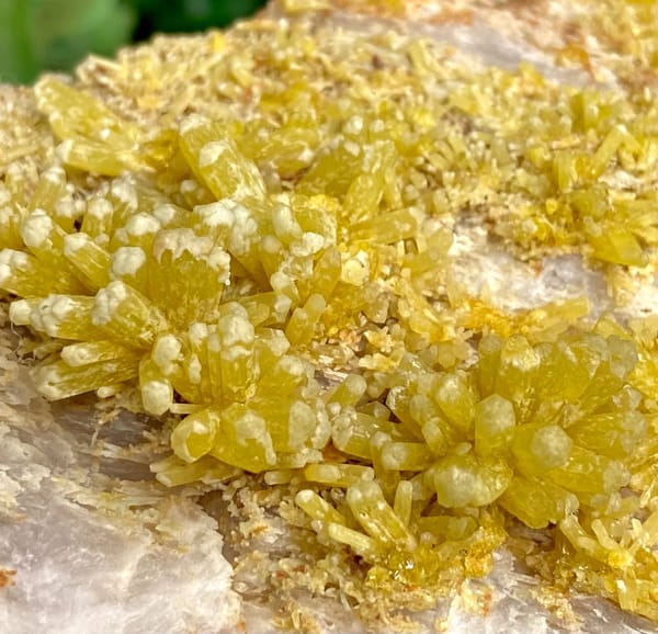 Tall plate of golden-yellow pyromorphite prisms from Guangxi, China, close-up of the crystal faces