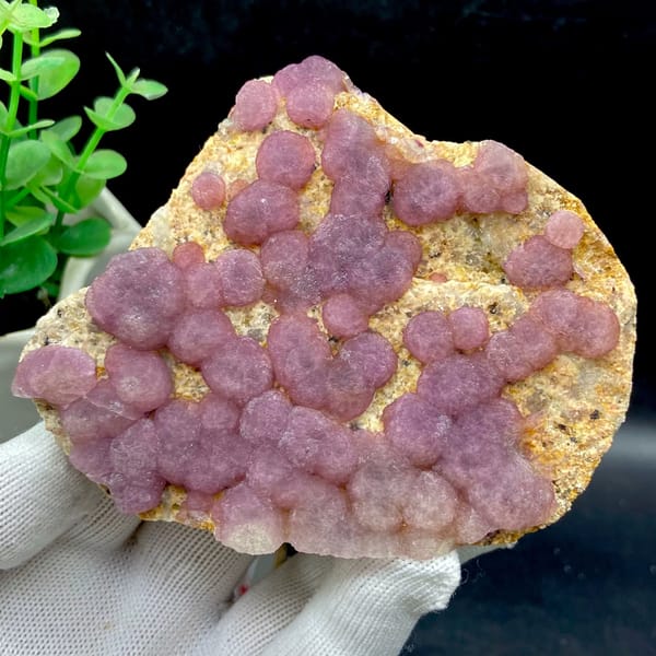 Dusty pink botryoidal fluorite balls on tan plate from Henan, China, second angle