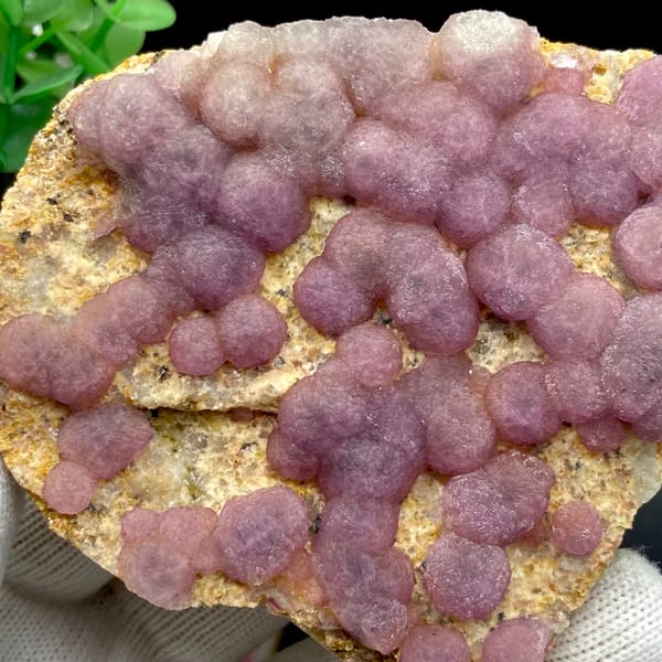 Dusty pink botryoidal fluorite balls on tan plate from Henan, China, close-up of terminations