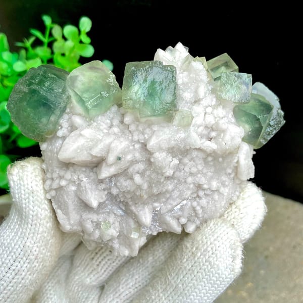 Sea-green fluorite cubes crowning white quartz cluster from Inner Mongolia, China, second angle