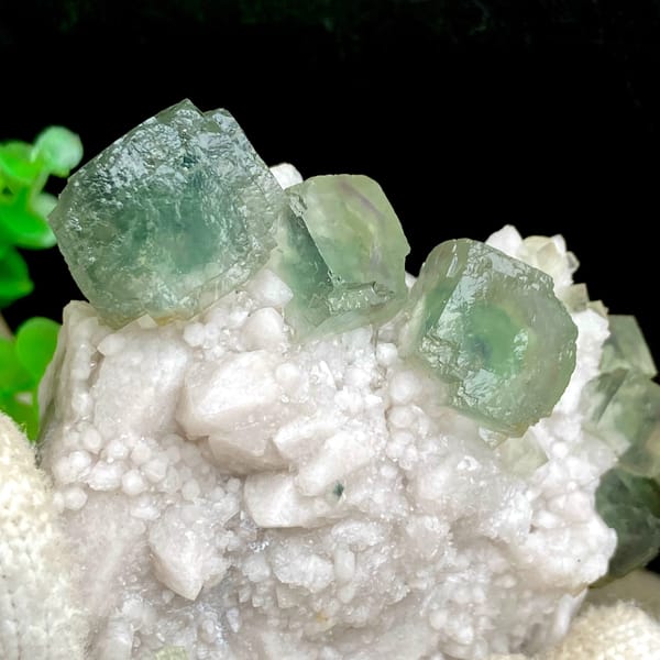 Sea-green fluorite cubes crowning white quartz cluster from Inner Mongolia, China, close-up of terminations