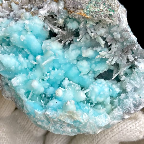 Sky-blue botryoidal aragonite over white needles from Yunnan, China, second angle