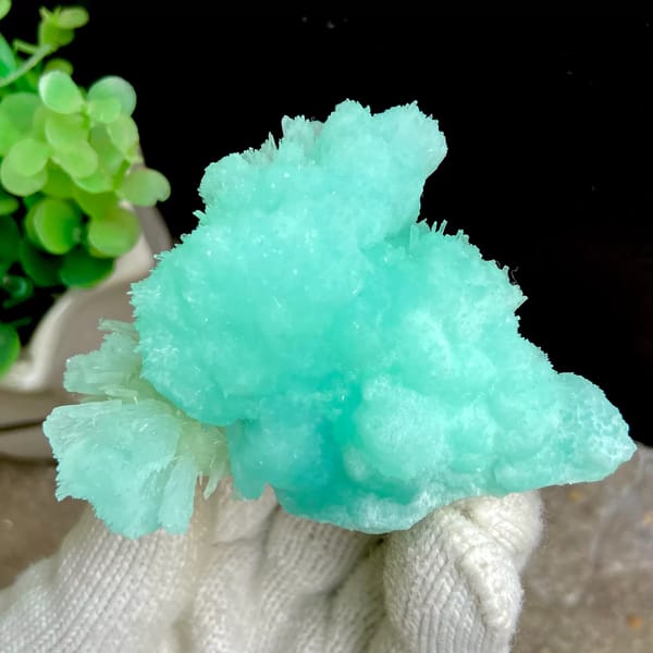 Two-tone mint and pale blue acicular aragonite from Sichuan, China, second angle