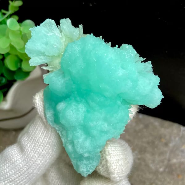 Two-tone mint and pale blue acicular aragonite from Sichuan, China, close-up of the crystal faces