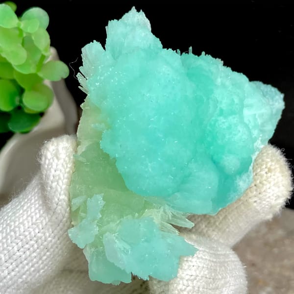 Two-tone mint and pale blue acicular aragonite from Sichuan, China, side view