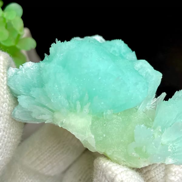 Two-tone mint and pale blue acicular aragonite from Sichuan, China, close-up of terminations