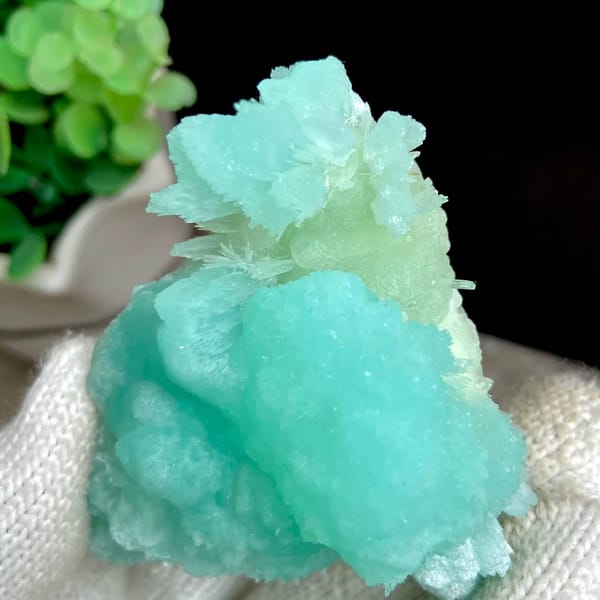 Two-tone mint and pale blue acicular aragonite from Sichuan, China, overall view