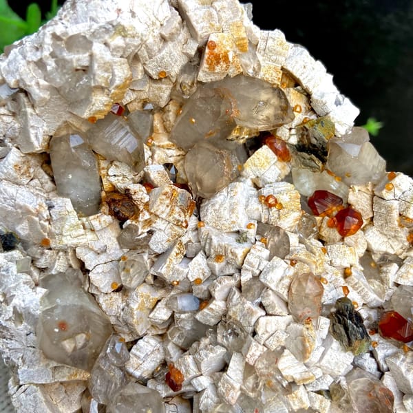 Wine-red garnets scattered over pale quartz plate from Fujian, China, detail of the matrix contact