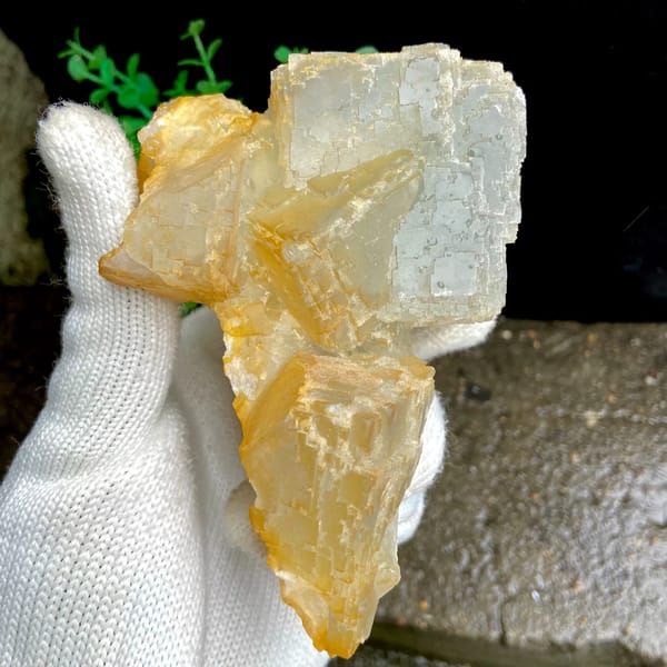 Pale stepped fluorite cube with honey-yellow edges from Hunan, China, close-up of terminations