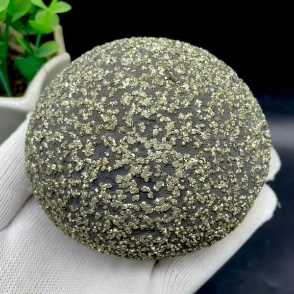 Iron concretion sphere with dense pyrite crust from Yunnan, China, held in gloved hand