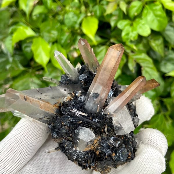 Pale pink quartz points standing on black specular hematite from Guangdong, China, top view