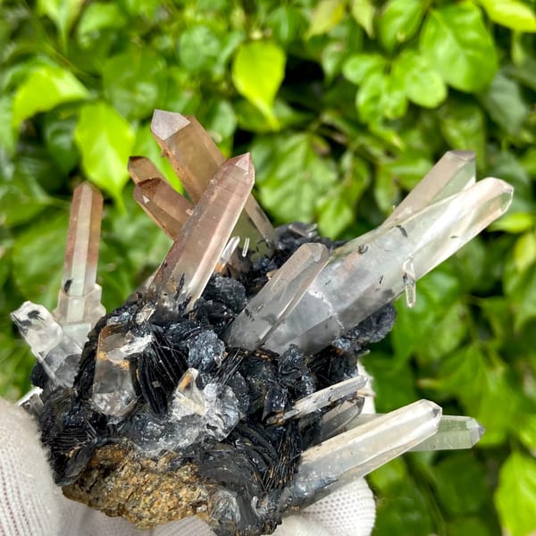 Pale pink quartz points standing on black specular hematite from Guangdong, China, detail of the matrix contact