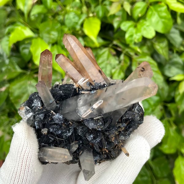 Pale pink quartz points standing on black specular hematite from Guangdong, China, close-up of terminations
