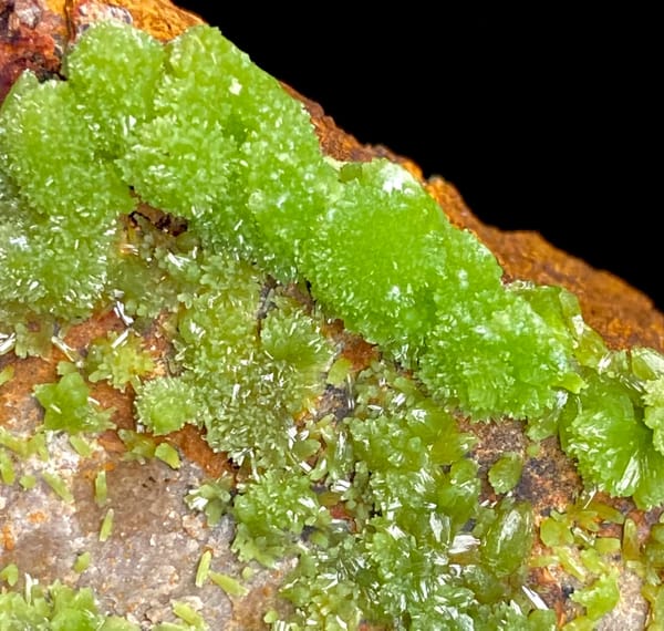 Lime-green botryoidal pyromorphite over rusty plate from Gongcheng, Guangxi, China, reverse side