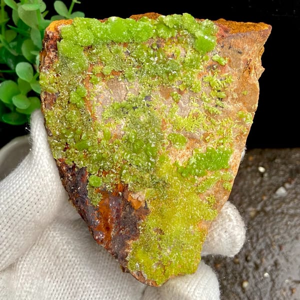 Lime-green botryoidal pyromorphite over rusty plate from Gongcheng, Guangxi, China, overall view