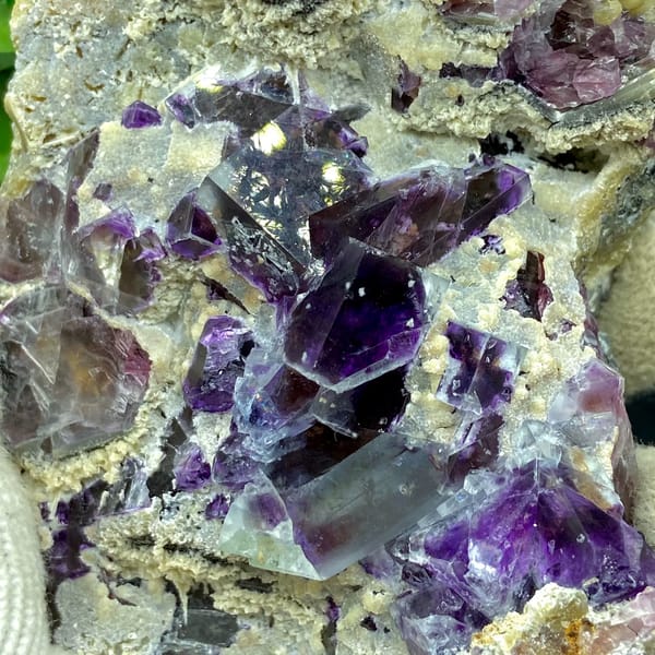 Transparent purple phantom fluorite cubes on tan matrix from Inner Mongolia, China, top view