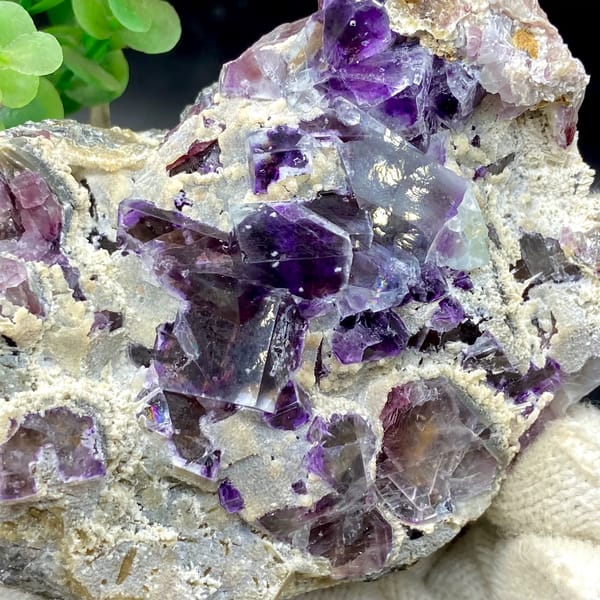 Transparent purple phantom fluorite cubes on tan matrix from Inner Mongolia, China, close-up of terminations
