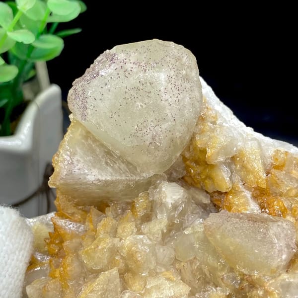 Pale calcite rhombs with yttrian fluorite on golden quartz from Guizhou, China, close-up of the crystal faces