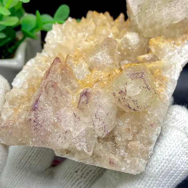 Pale calcite rhombs with yttrian fluorite on golden quartz from Guizhou, China, close-up of terminations