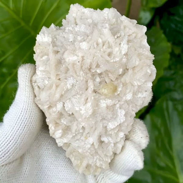 White dolomite plate with small pale calcite crystal from Guizhou, China, held in gloved hand