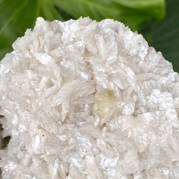 White dolomite plate with small pale calcite crystal from Guizhou, China, close-up of the crystal faces