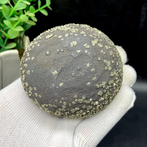 Dark iron concretion ball speckled with pyrite grains from Yunnan, China, overall view