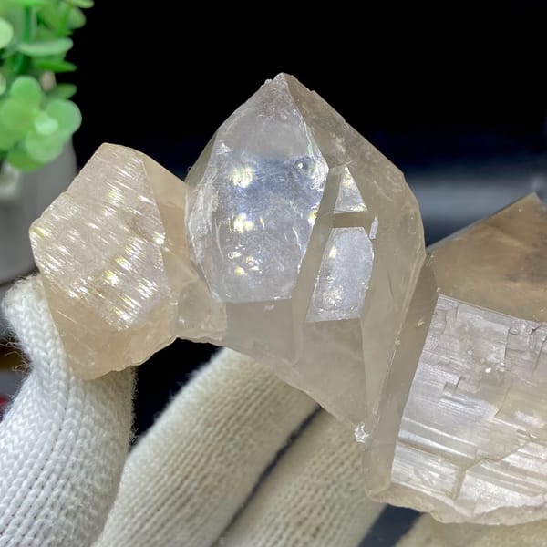 Two pale topaz crystals with sharp terminations from Pakistan, close-up of terminations