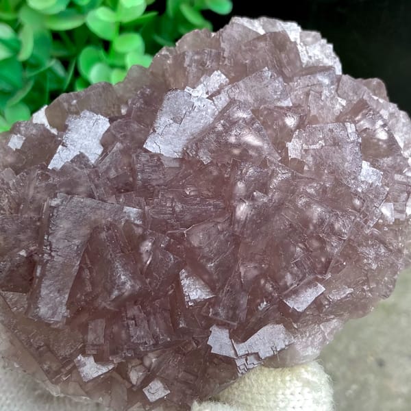 Dome of plum-purple fluorite cubes from Zhejiang, China, detail of the matrix contact
