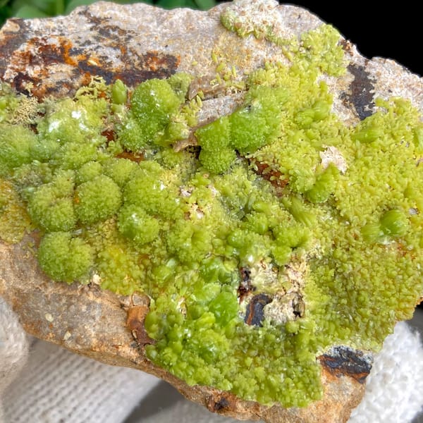 Lime-green botryoidal pyromorphite on rusty plate from Gongcheng, Guangxi, China, close-up of terminations