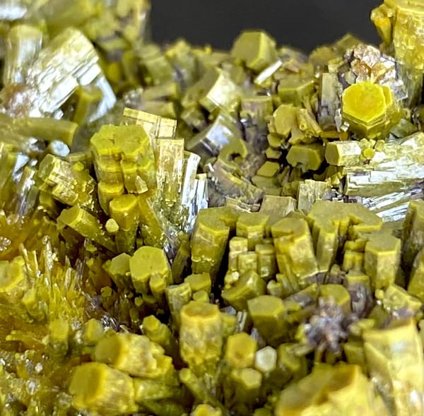 Matcha-green pyromorphite prisms covering tall wedge from Guangxi, China, top view