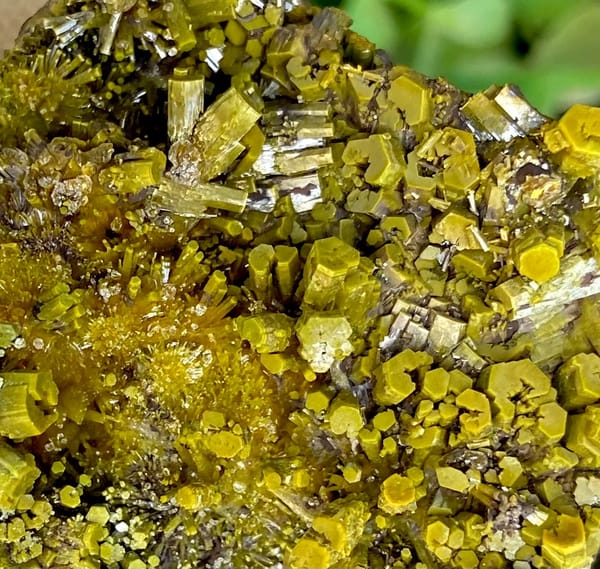 Matcha-green pyromorphite prisms covering tall wedge from Guangxi, China, close-up of terminations