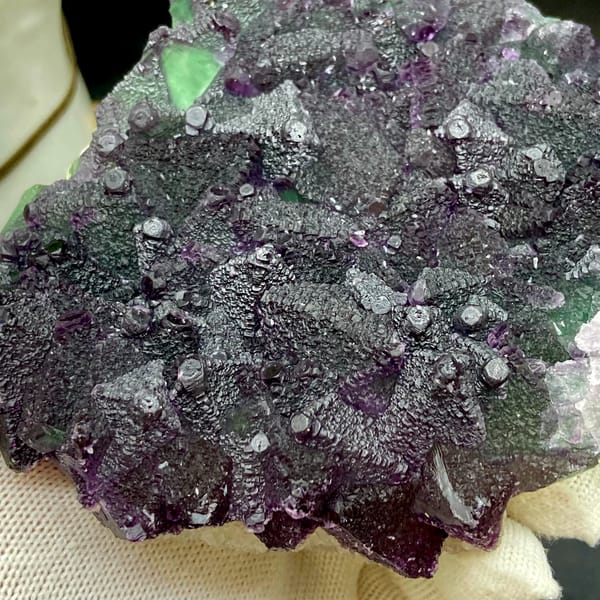 Plate of purple-edged green fluorite octahedra from Zhejiang, China, reverse side