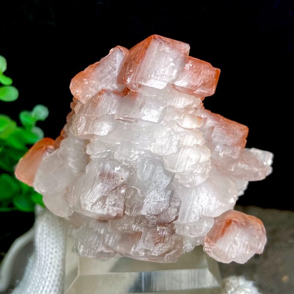 Stacked pagoda calcite with orange-red caps from Hubei, China, second angle
