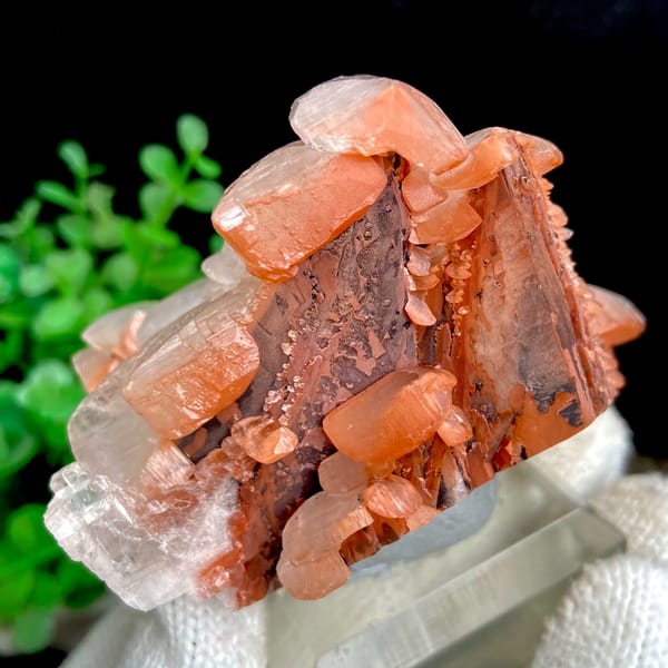 Stacked pagoda calcite with orange-red caps from Hubei, China, top view