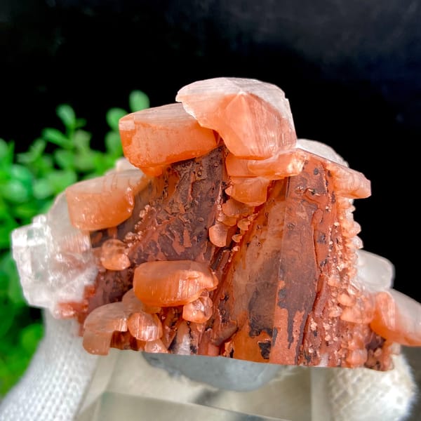 Stacked pagoda calcite with orange-red caps from Hubei, China, side view