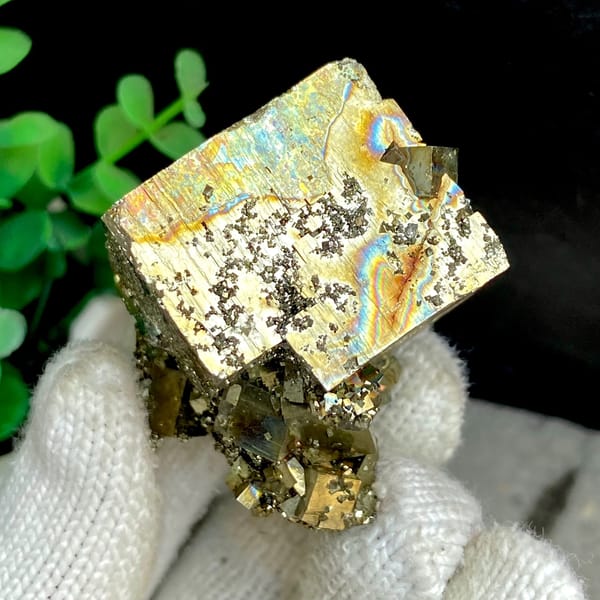 Large iridescent pyrite cube on pyrite base from Shangbao, Hunan, China, second angle