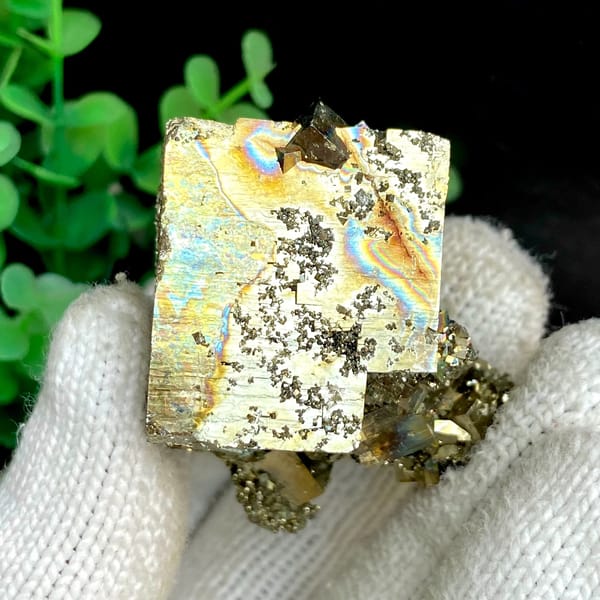 Large iridescent pyrite cube on pyrite base from Shangbao, Hunan, China, close-up of the crystal faces