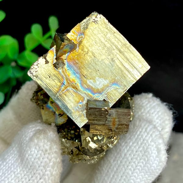 Large iridescent pyrite cube on pyrite base from Shangbao, Hunan, China, top view
