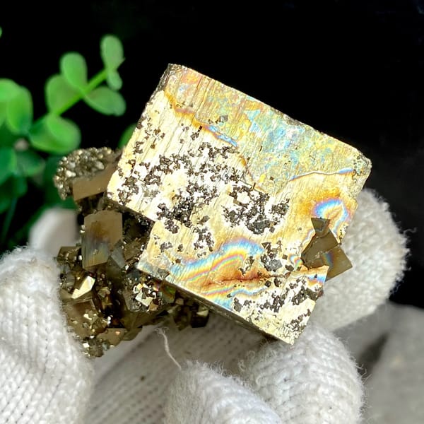 Large iridescent pyrite cube on pyrite base from Shangbao, Hunan, China, detail of the matrix contact